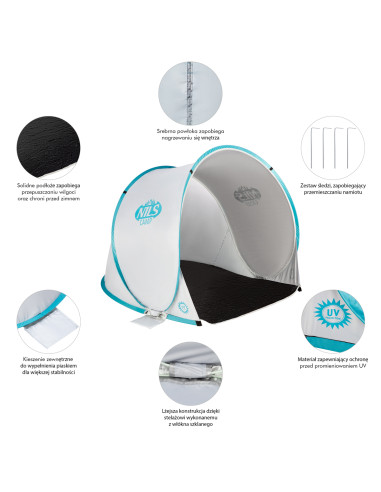 STRANDZELT SELBSTAUFBAUEND GRAU-TÜRKISFARBIG BODEN NILS CAMP