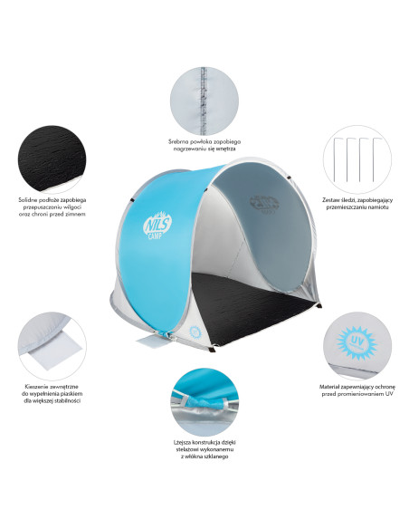 STRANDZELT SELBSTAUFBAUEND BLAU-GRAU BODEN NILS CAMP