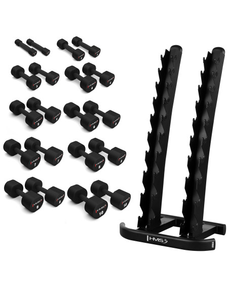 POLYURETHAN-HANTELN HPT 2 X 1–10 KG (110 KG) + STÄNDER STR37 HMS