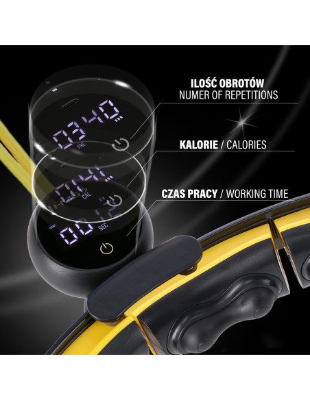 HULA HOOP SCHWARZ/GELB MIT MAGNETEN, TPE-NOPPEN, GEWICHT UND ZÄHLER HMS