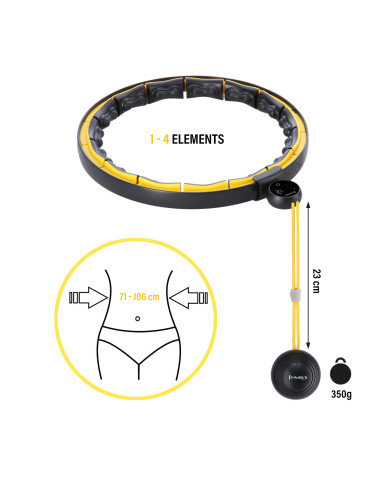 HULA HOOP SCHWARZ/GELB MIT MAGNETEN, TPE-NOPPEN, GEWICHT UND ZÄHLER HMS