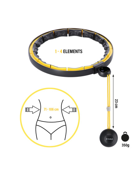 HULA HOOP SCHWARZ/GELB MIT MAGNETEN, TPE-NOPPEN, GEWICHT UND ZÄHLER HMS