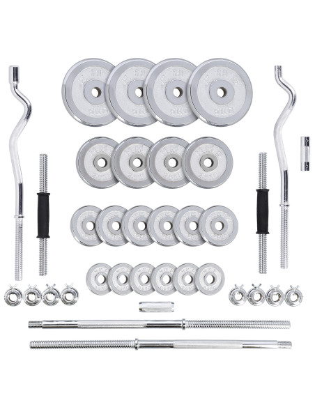 KURZHANTELN-LANGHANTEL GERADE UND CURLSTANGE IM KOFFER CHROM 55KG HMS