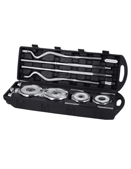 KURZHANTELN-LANGHANTEL GERADE UND CURLSTANGE IM KOFFER CHROM 55KG HMS