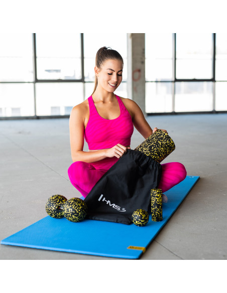 SCHWARZ-GELB MASSAGE-SET FITNESSROLLE / MASSAGEBÄLLE (4 Stk.) HMS