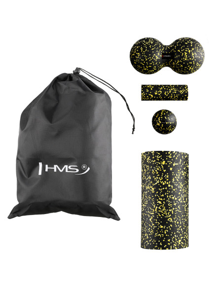 SCHWARZ-GELB MASSAGE-SET FITNESSROLLE / MASSAGEBÄLLE (4 Stk.) HMS