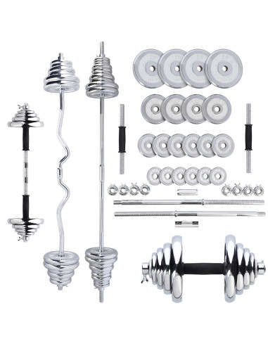 KURZHANTELN-LANGHANTEL GERADE UND CURLSTANGE IM KOFFER CHROM 55KG HMS