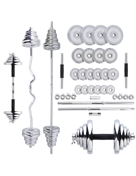 KURZHANTELN-LANGHANTEL GERADE UND CURLSTANGE IM KOFFER CHROM 55KG HMS