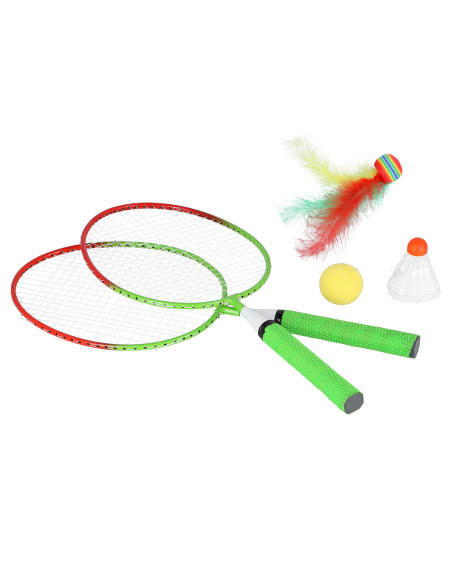 STAHL / SET MIT 2 BADMINTONSCHLÄGERN + FEDERBÄLLE + BÄLLE JUNIOR NILS