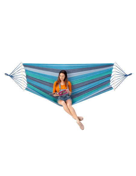 BLAU-DUNKELBLAU HÄNGEMATTE MIT HOLZSTAB 70 CM UND GRIFF AUS METALL NILS CAMP