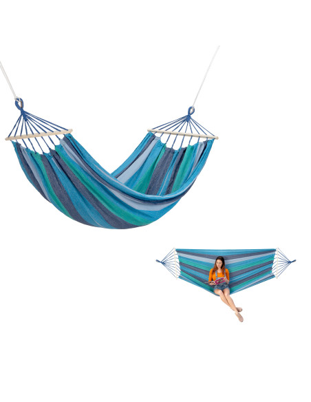 BLAU-DUNKELBLAU HÄNGEMATTE MIT HOLZSTAB 70 CM UND GRIFF AUS METALL NILS CAMP