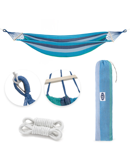 BLAU-DUNKELBLAU HÄNGEMATTE MIT HOLZSTAB 70 CM UND GRIFF AUS METALL NILS CAMP