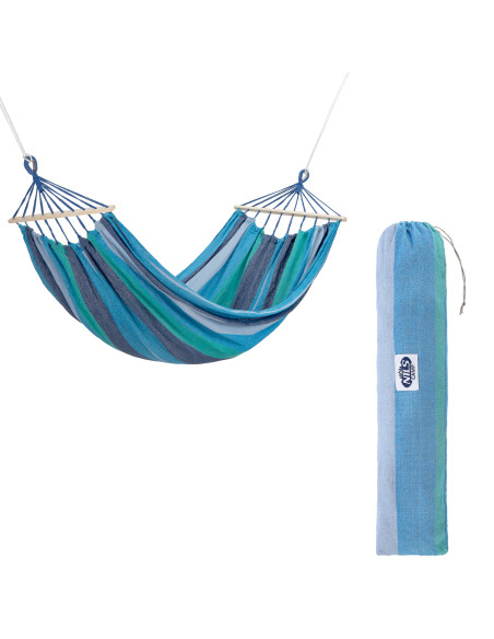 BLAU-DUNKELBLAU HÄNGEMATTE MIT HOLZSTAB 70 CM UND GRIFF AUS METALL NILS CAMP