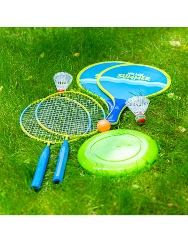 3-IN-1 / BADMINTON-SET 2 SCHLÄGER + 2 STRAND-SCHLÄGER + BADMINTONBÄLLE +  FRISBEE JUNIOR NILS