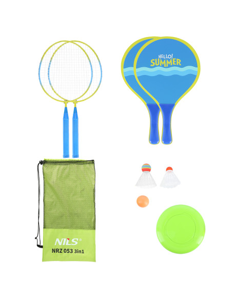 3-IN-1 / BADMINTON-SET 2 SCHLÄGER + 2 STRAND-SCHLÄGER + BADMINTONBÄLLE +  FRISBEE JUNIOR NILS