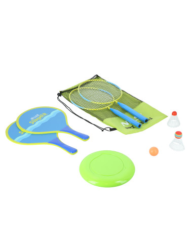 3-IN-1 / BADMINTON-SET 2 SCHLÄGER + 2 STRAND-SCHLÄGER + BADMINTONBÄLLE +  FRISBEE JUNIOR NILS