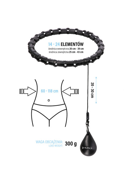 HULA-HOOP-REIFEN BLACK MIT MASSAGEPUNKTEN UND SCHWERKRAFTBALL HMS