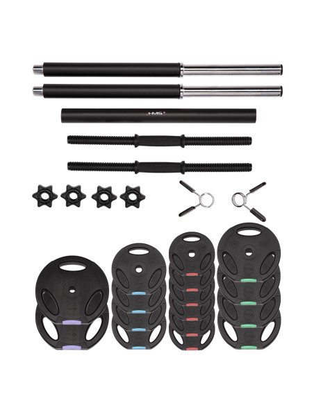 SET (3 TEILE) LANGHANTEL UND KURZHANTELN 62 KG HMS