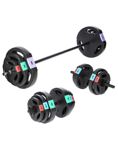 SET (3 TEILE) LANGHANTEL UND KURZHANTELN 62 KG HMS