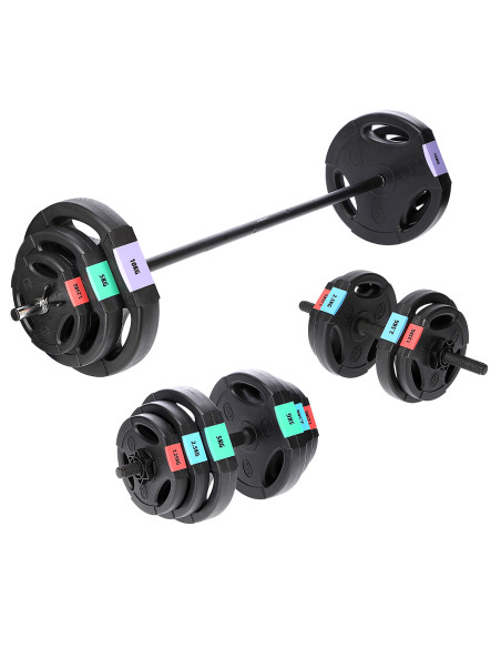 SET (3 TEILE) LANGHANTEL UND KURZHANTELN 62 KG HMS