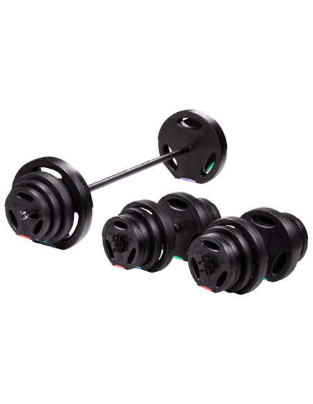 SET (3 TEILE) LANGHANTEL UND KURZHANTELN 62 KG HMS