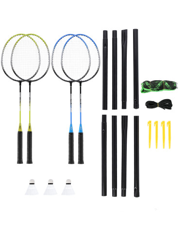STAHL / BADMINTONSET MIT 4 SCHLÄGERN + 3 FEDERBÄLLE + NETZ 195x22cm  + SCHUTZHÜLLE NILS