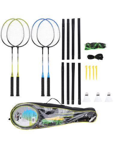 STAHL / BADMINTONSET MIT 4 SCHLÄGERN + 3 FEDERBÄLLE + NETZ 195x22cm  + SCHUTZHÜLLE NILS