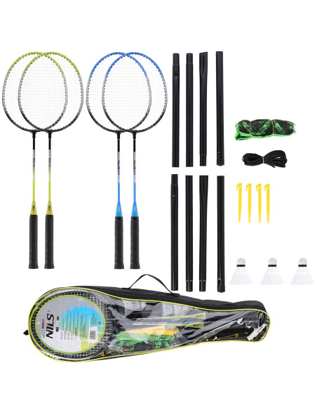STAHL / BADMINTONSET MIT 4 SCHLÄGERN + 3 FEDERBÄLLE + NETZ 195x22cm  + SCHUTZHÜLLE NILS