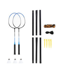 STAHL BADMINTONSET MIT 2 SCHLÄGERN + 3 FEDERBÄLLE + NETZ  + SCHUTZHÜLLE NILS