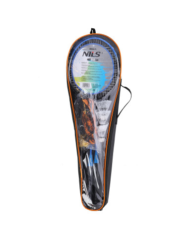 STAHL BADMINTONSET MIT 2 SCHLÄGERN + 3 FEDERBÄLLE + NETZ  + SCHUTZHÜLLE NILS