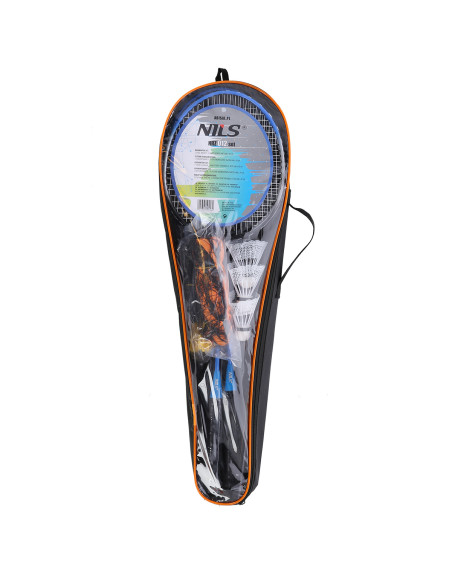 STAHL BADMINTONSET MIT 2 SCHLÄGERN + 3 FEDERBÄLLE + NETZ  + SCHUTZHÜLLE NILS