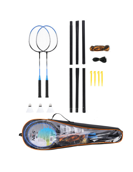 STAHL BADMINTONSET MIT 2 SCHLÄGERN + 3 FEDERBÄLLE + NETZ  + SCHUTZHÜLLE NILS