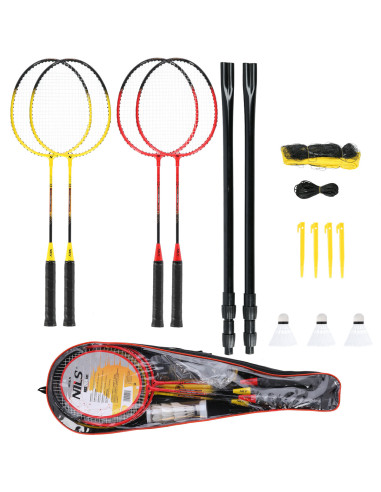 ALUMINIUM / BADMINTON-SET 4 SCHLÄGER + 3 FEDERBÄLLE + NETZ 600x60cm + SCHUTZHÜLLE NILS