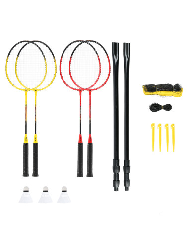 ALUMINIUM / BADMINTON-SET 4 SCHLÄGER + 3 FEDERBÄLLE + NETZ 600x60cm + SCHUTZHÜLLE NILS