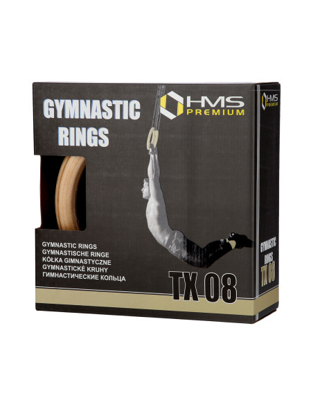 GYMNASTIKRINGE AUS HOLZ MIT LÄNGENMARKIERUNGEN KARABINERHAKEN HMS PREMIUM