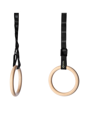 GYMNASTIKRINGE AUS HOLZ MIT LÄNGENMARKIERUNGEN KARABINERHAKEN HMS PREMIUM